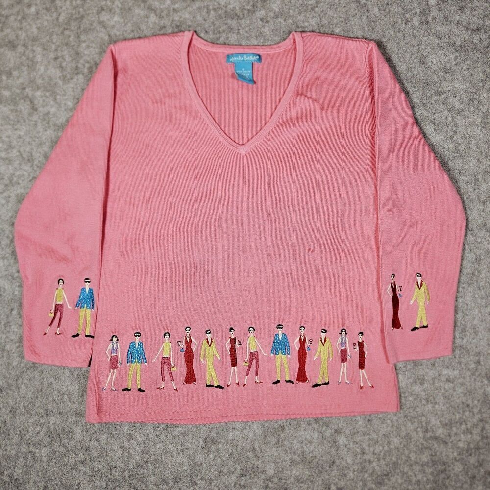 Alexandra Bartlett Womens Embroidered People Upscale Classy V-Neck Sweater Sz S